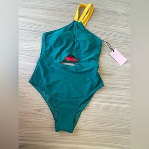 Juicy Couture Teal and Yellow One-Piece Swimsuit
